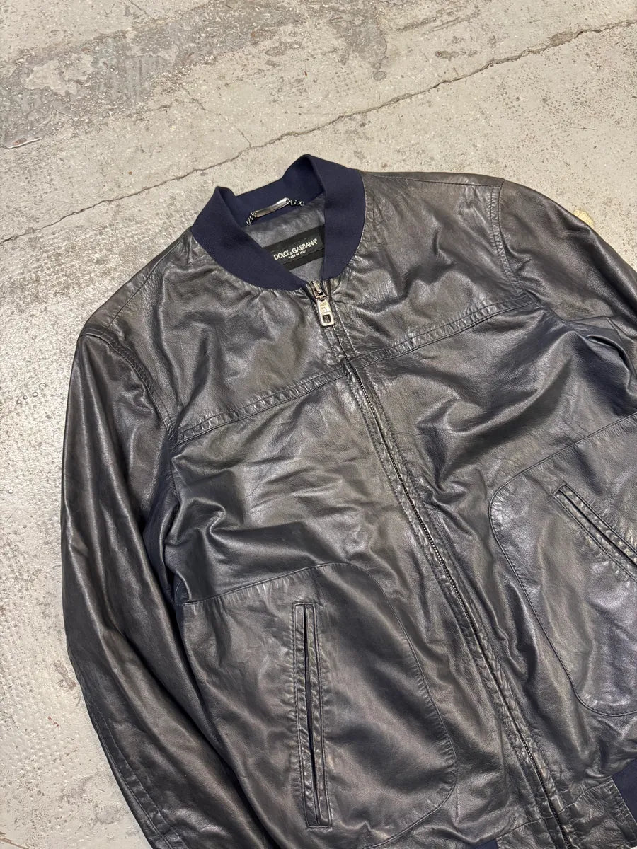 2000s Dolce & Gabbana Navy Leather Bomber Jacket oaEaefL 1