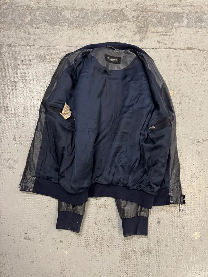 2000s Dolce & Gabbana Navy Leather Bomber Jacket oaEaefL 5