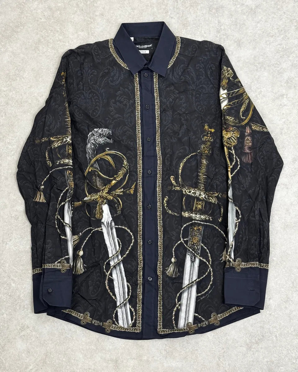 AW2017 Dolce & Gabbana Navy & Black Baroque Swords Shirt hiopNBJ 0