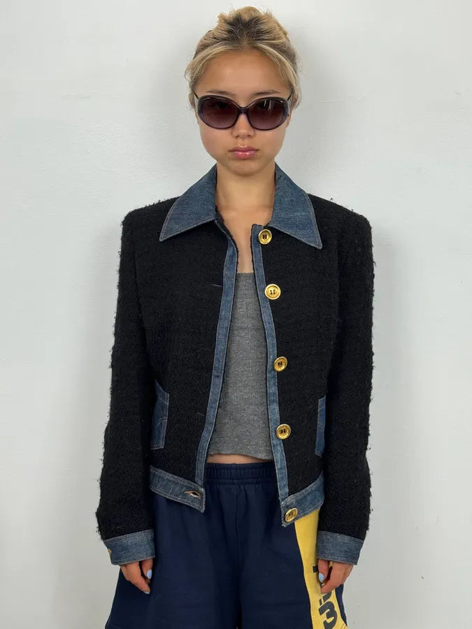 2000s Dolce & Gabbana Navy Tweed & Denim Hybrid Jacket BClmrKb 1