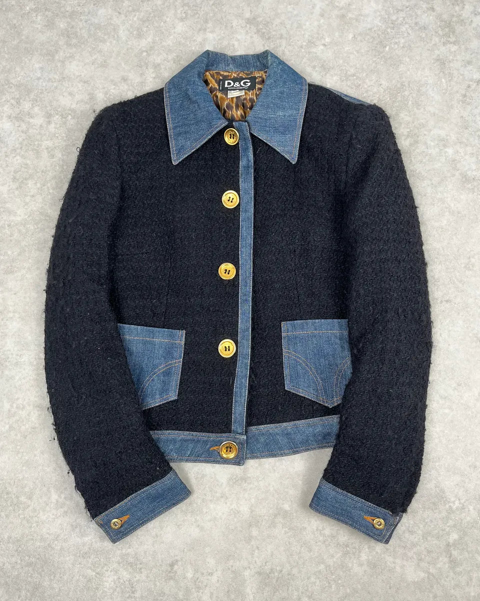 2000s Dolce & Gabbana Navy Tweed & Denim Hybrid Jacket BClmrKb 0