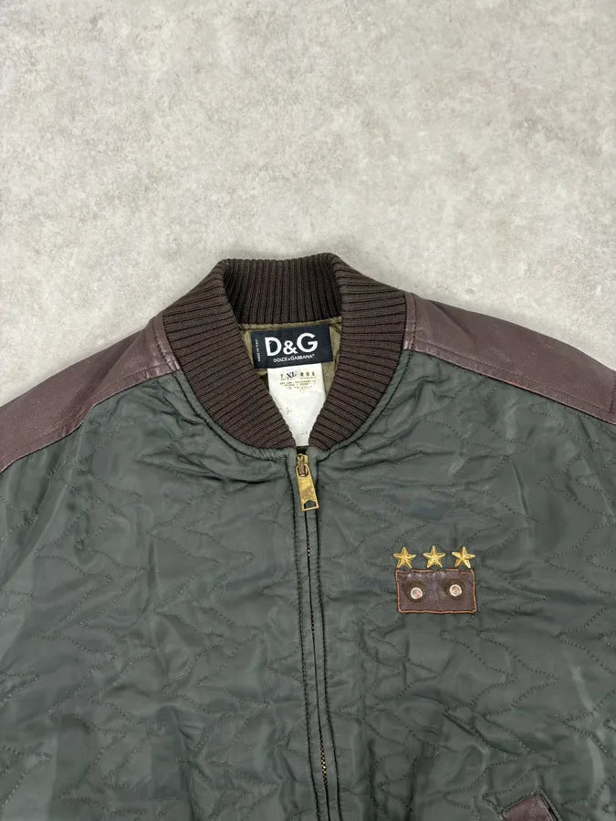 AW2001 Dolce & Gabbana Quilted Olive Hybrid Leather Bomber Jacket xRvQnQu 3