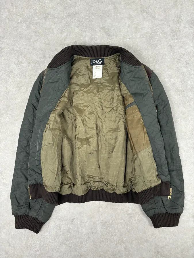 AW2001 Dolce & Gabbana Quilted Olive Hybrid Leather Bomber Jacket xRvQnQu 6