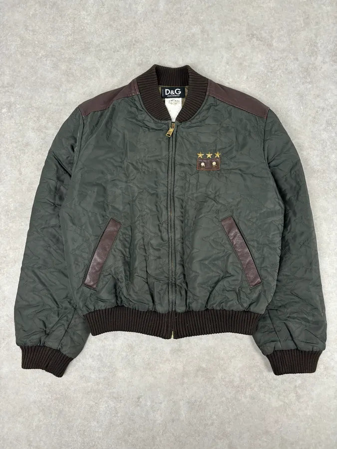 AW2001 Dolce & Gabbana Quilted Olive Hybrid Leather Bomber Jacket xRvQnQu 0