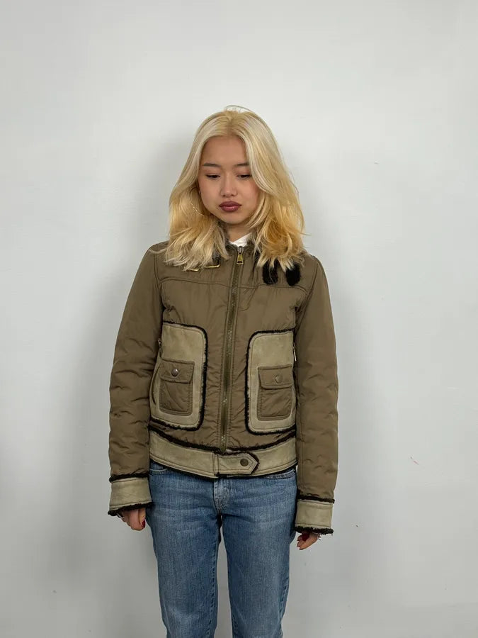 2000s Dolce & Gabbana Olive Green Nylon Lambskin Leather Jacket sgIUewy 1