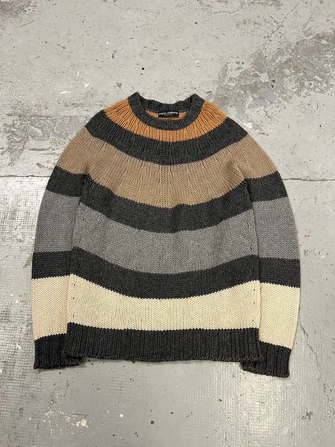 2000s Dolce & Gabbana Orange Grey Beige Lines Wool Sweater OmQqohI 0