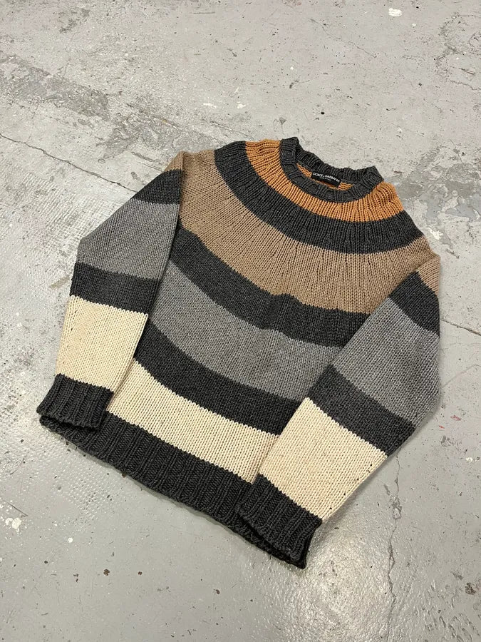 2000s Dolce & Gabbana Orange Grey Beige Lines Wool Sweater OmQqohI 2