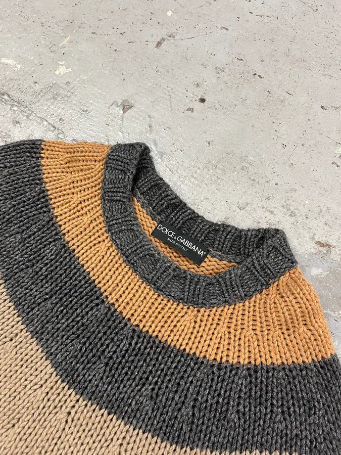2000s Dolce & Gabbana Orange Grey Beige Lines Wool Sweater OmQqohI 4