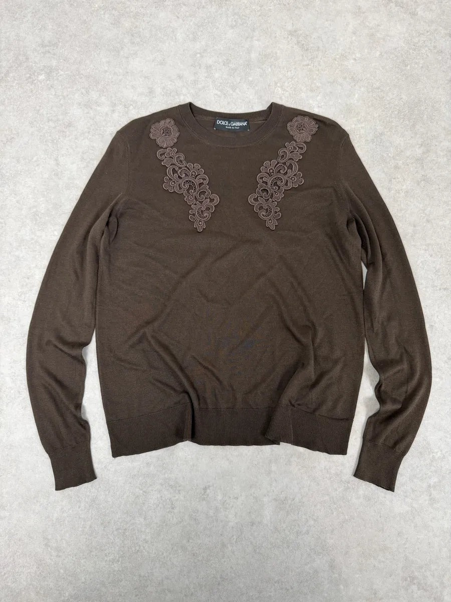 2000s Dolce & Gabbana Ornament Brown Wool Sweater yDugWGb 2