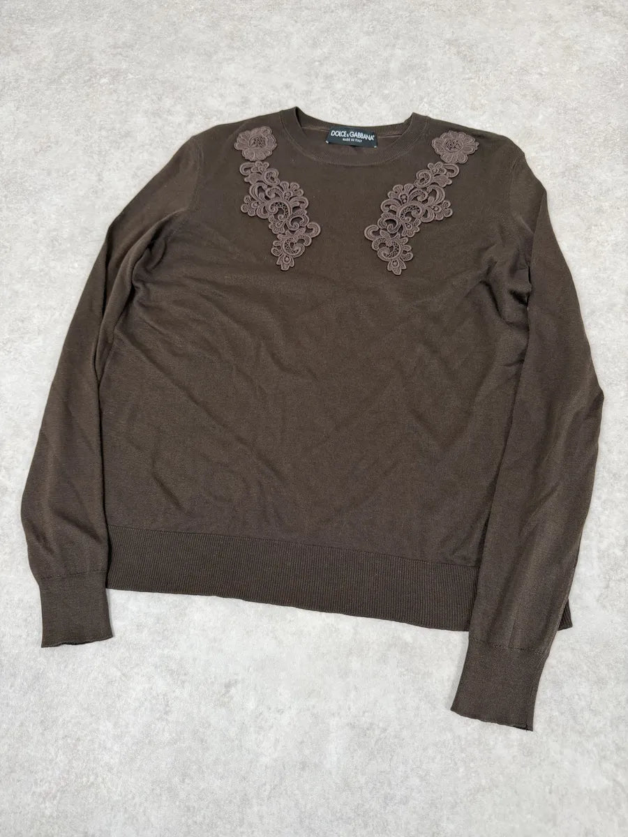 2000s Dolce & Gabbana Ornament Brown Wool Sweater yDugWGb 3