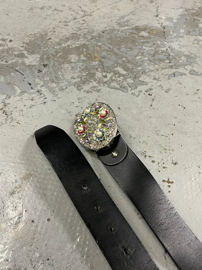 2000s Dolce & Gabbana Ornament Flowers Buckle Black Leather Belt uNOwnMp 2