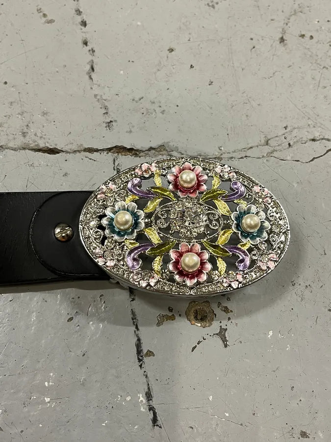 2000s Dolce & Gabbana Ornament Flowers Buckle Black Leather Belt uNOwnMp 4