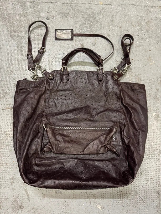 2000s Dolce & Gabbana Ostrich Effect Brown Leather Bag (OS) zNqyTvR 2