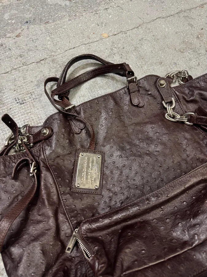 2000s Dolce & Gabbana Ostrich Effect Brown Leather Bag (OS) zNqyTvR 4
