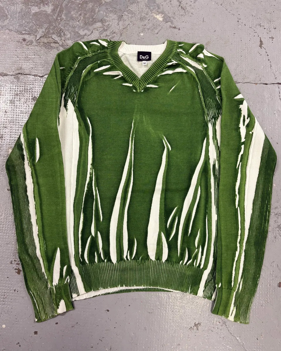 SS2007 Dolce & Gabbana Overprint Green V-Neck Sweater CyeHiaP 0