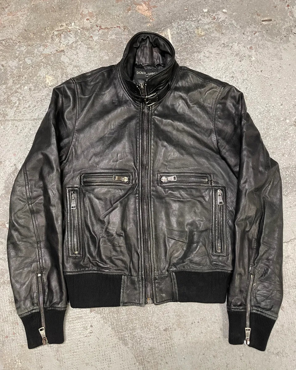 2000s Dolce & Gabbana Patina Dark Leather Jacket vXSzwvQ 0