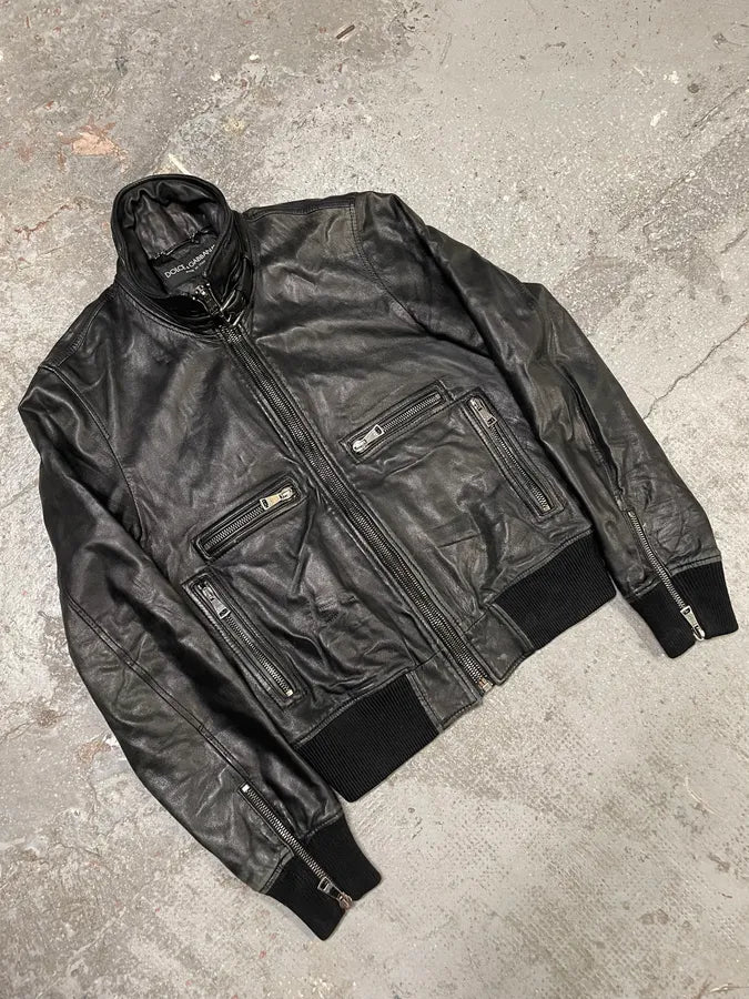 2000s Dolce & Gabbana Patina Dark Leather Jacket vXSzwvQ 4