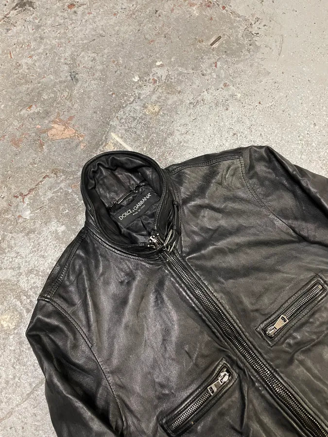 2000s Dolce & Gabbana Patina Dark Leather Jacket vXSzwvQ 5