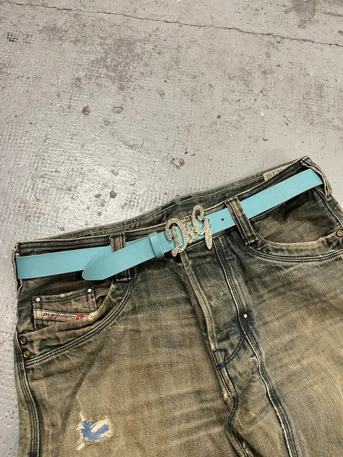 2000s Dolce & Gabbana Pave Buckle Baby Blue Leather Belt fJrVXRt 0