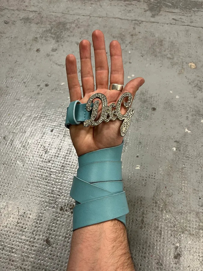 2000s Dolce & Gabbana Pave Buckle Baby Blue Leather Belt fJrVXRt 1