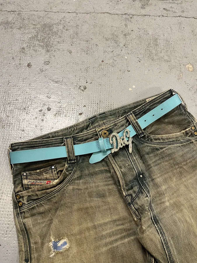 2000s Dolce & Gabbana Pave Buckle Baby Blue Leather Belt fJrVXRt 2