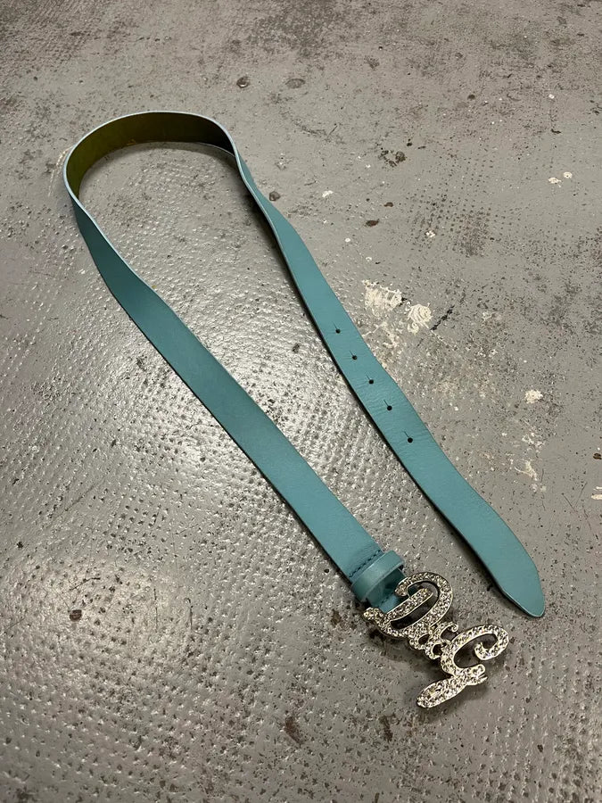 2000s Dolce & Gabbana Pave Buckle Baby Blue Leather Belt fJrVXRt 3