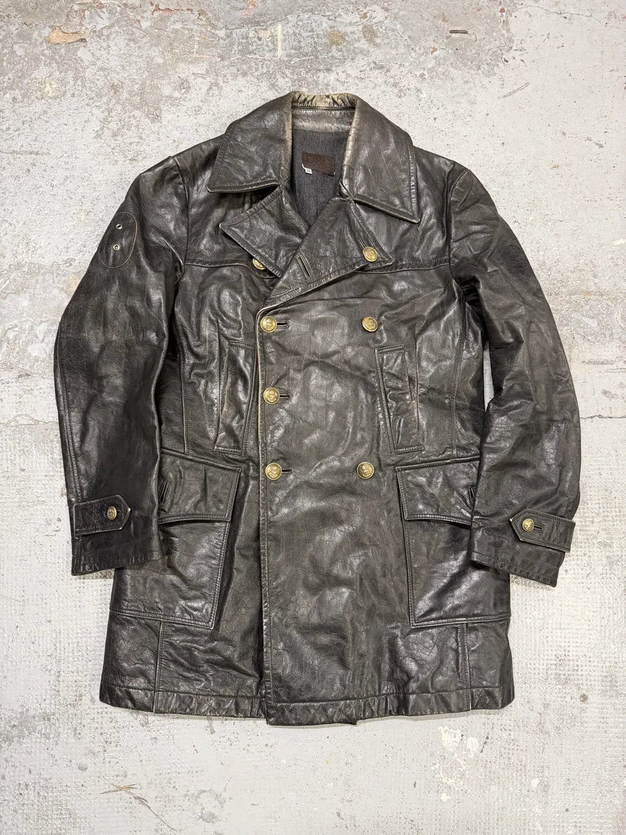 2000s Dolce & Gabbana Peacoat Officer Brut Black Leather Jacket diteGFZ 0