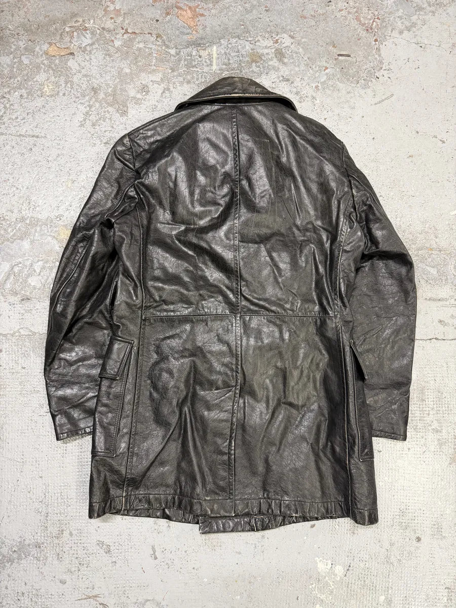 2000s Dolce & Gabbana Peacoat Officer Brut Black Leather Jacket diteGFZ 1