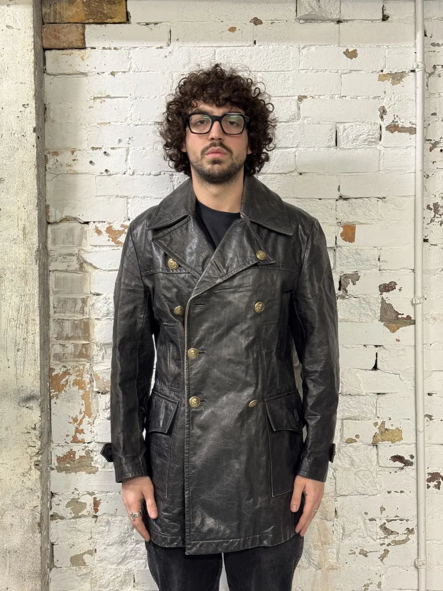 2000s Dolce & Gabbana Peacoat Officer Brut Black Leather Jacket diteGFZ 2