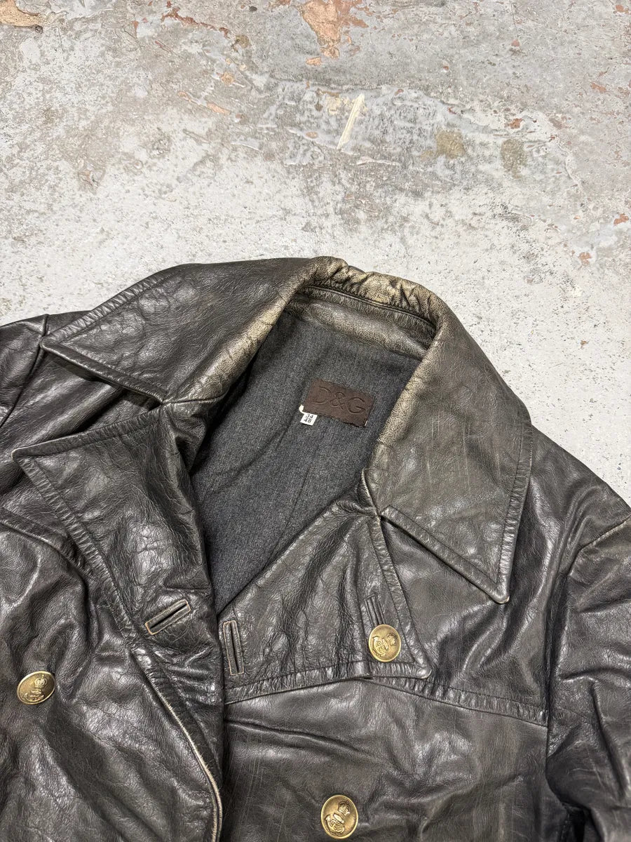 2000s Dolce & Gabbana Peacoat Officer Brut Black Leather Jacket diteGFZ 4