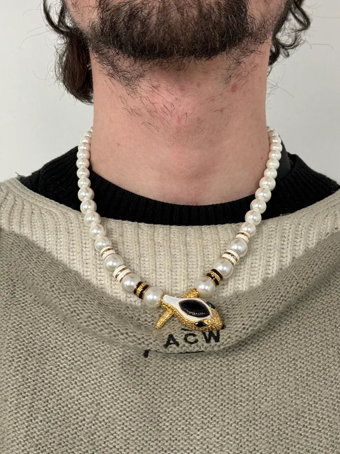 2000s Dolce & Gabbana Pearl Snake Gold Abstract Necklace iGmguRL 1