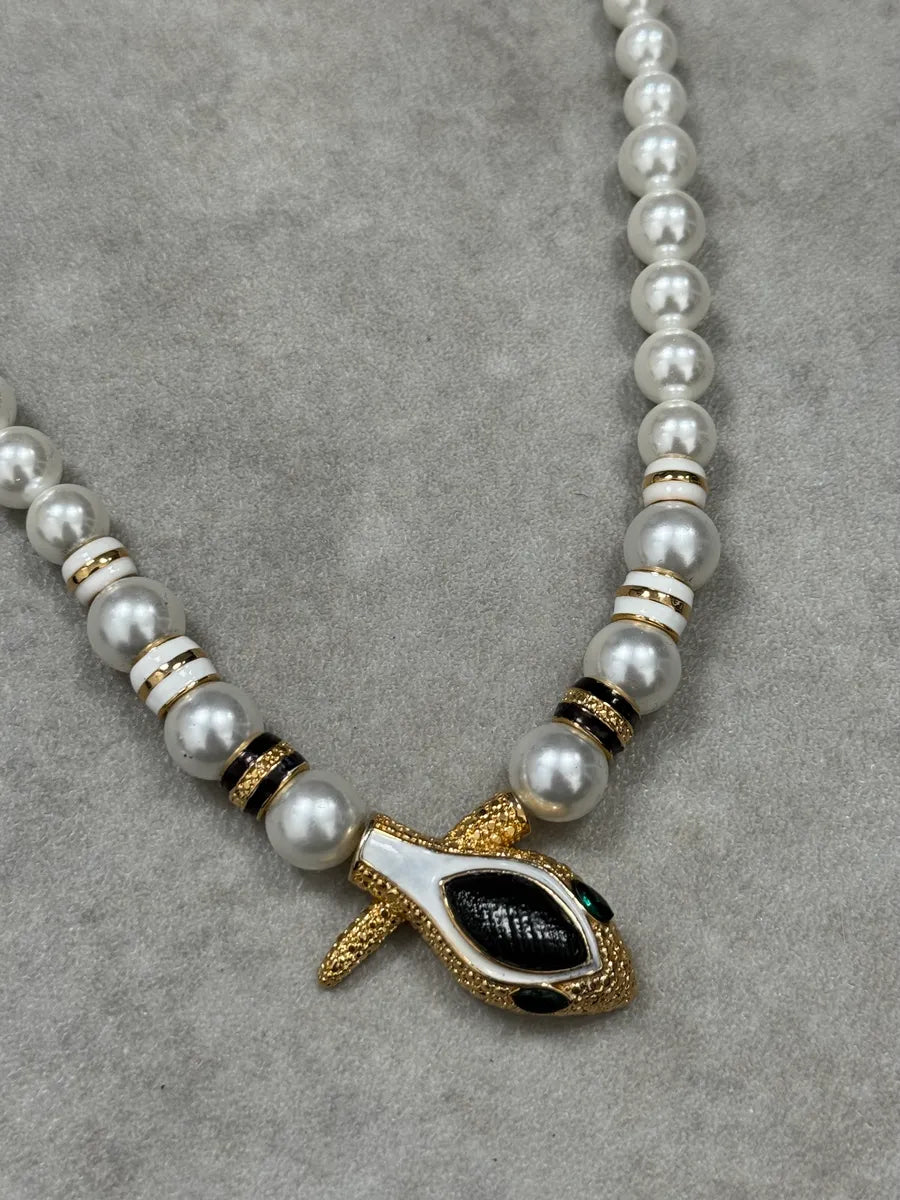 2000s Dolce & Gabbana Pearl Snake Gold Abstract Necklace iGmguRL 2