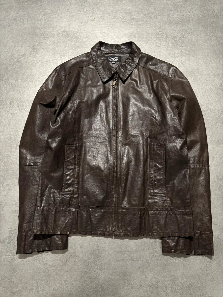2000s Dolce & Gabbana Perfect Simple Brown Leather Jacket (L) 0