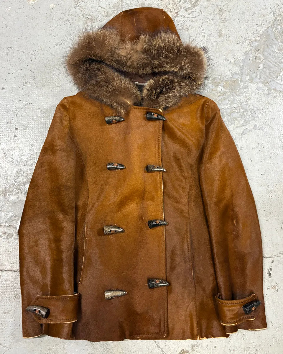 FW2002 Dolce & Gabbana Pony Hair Camel Leather Duffle Coat Jacket HnuNvqx 0