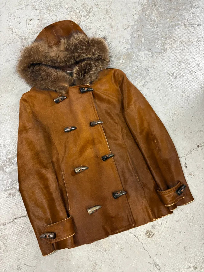 FW2002 Dolce & Gabbana Pony Hair Camel Leather Duffle Coat Jacket HnuNvqx 4