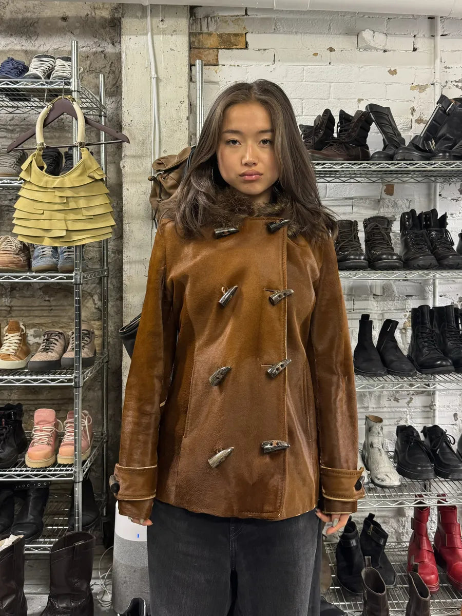 FW2002 Dolce & Gabbana Pony Hair Camel Leather Duffle Coat Jacket HnuNvqx 1