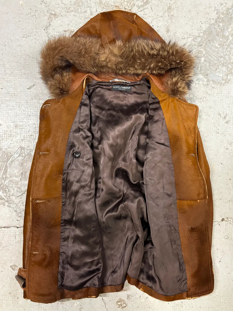 FW2002 Dolce & Gabbana Pony Hair Camel Leather Duffle Coat Jacket HnuNvqx 6