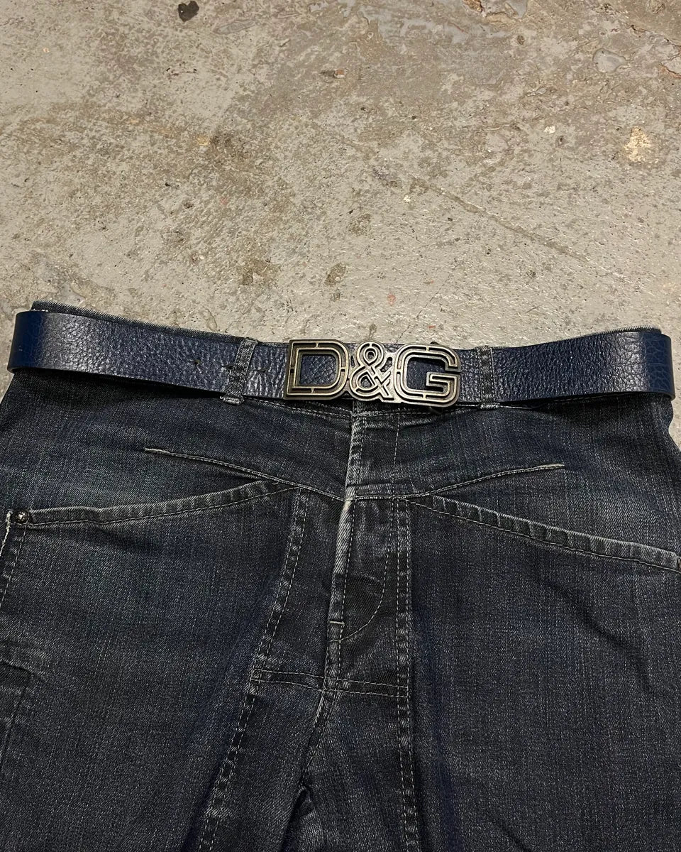 2000s Dolce & Gabbana Propaganda Buckle Navy Leather Belt (OS) HWYhPui 0