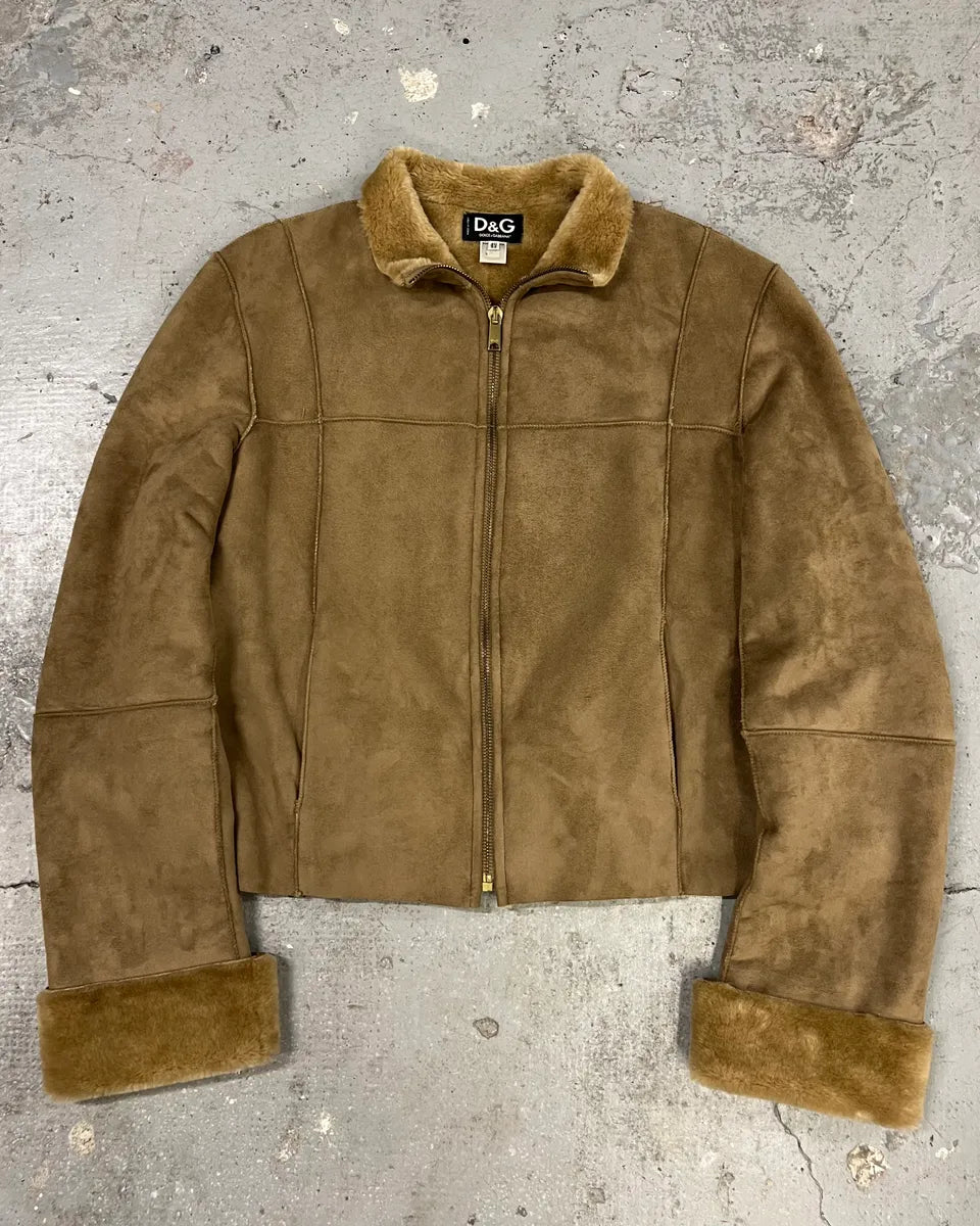 2000s Dolce & Gabbana Pure Beige Leather Shearling Effect Jacket (L) 0