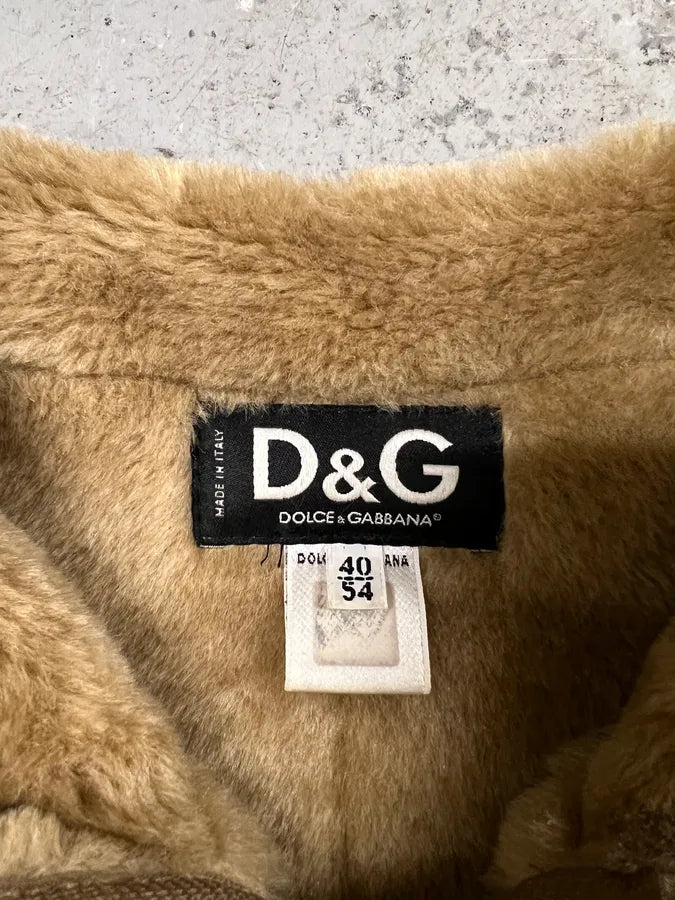 2000s Dolce & Gabbana Pure Beige Leather Shearling Effect Jacket (L) 2
