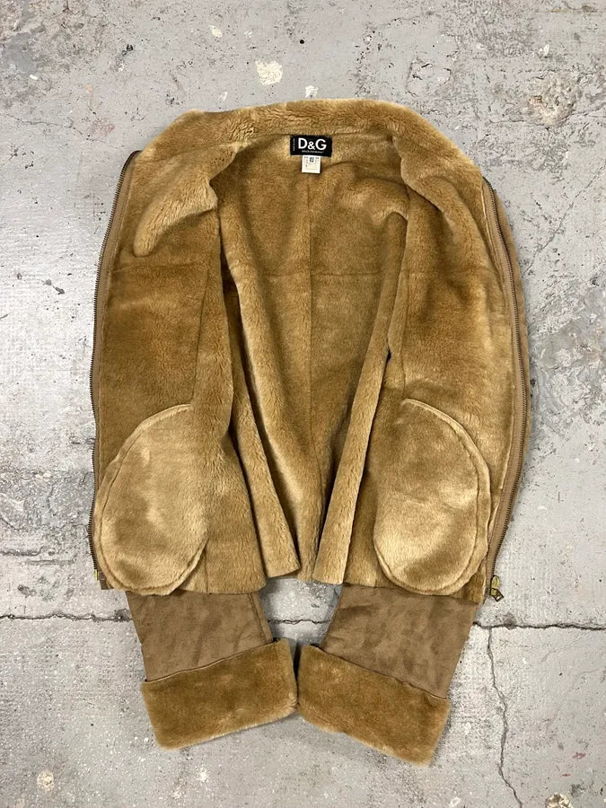 2000s Dolce & Gabbana Pure Beige Leather Shearling Effect Jacket (L) 3