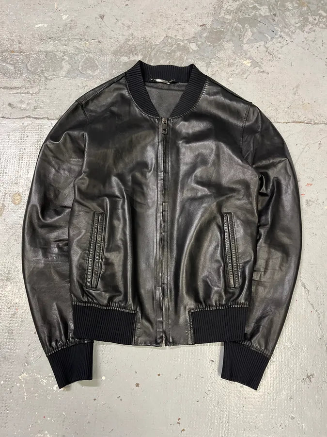 2000s Dolce & Gabbana Pure Black Leather Bomber Jacket QtUxAFj 0