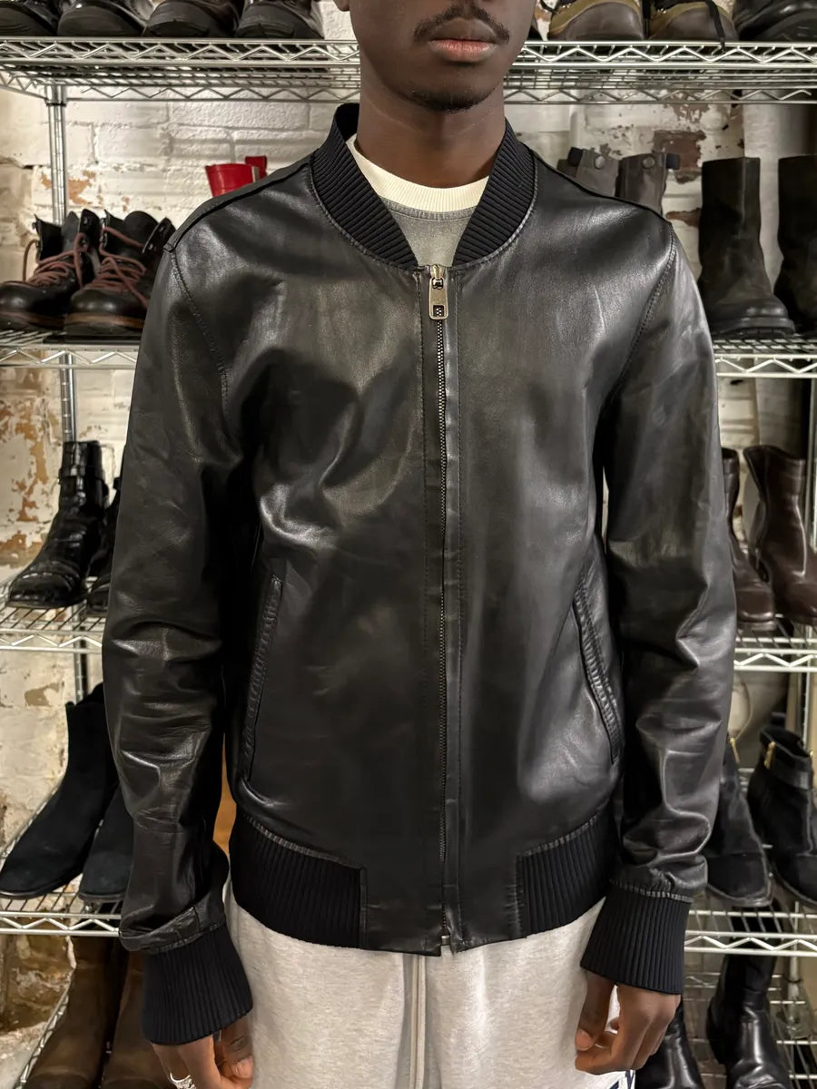 2000s Dolce & Gabbana Pure Black Leather Bomber Jacket QtUxAFj 1