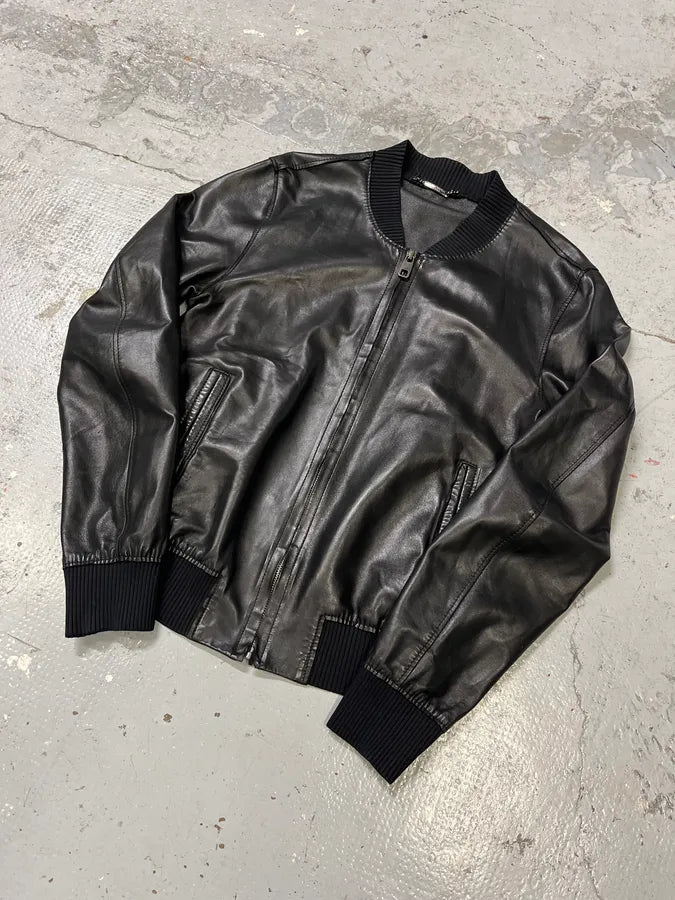 2000s Dolce & Gabbana Pure Black Leather Bomber Jacket QtUxAFj 2