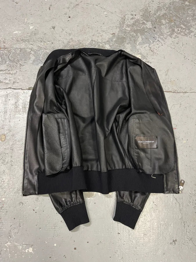 2000s Dolce & Gabbana Pure Black Leather Bomber Jacket QtUxAFj 7