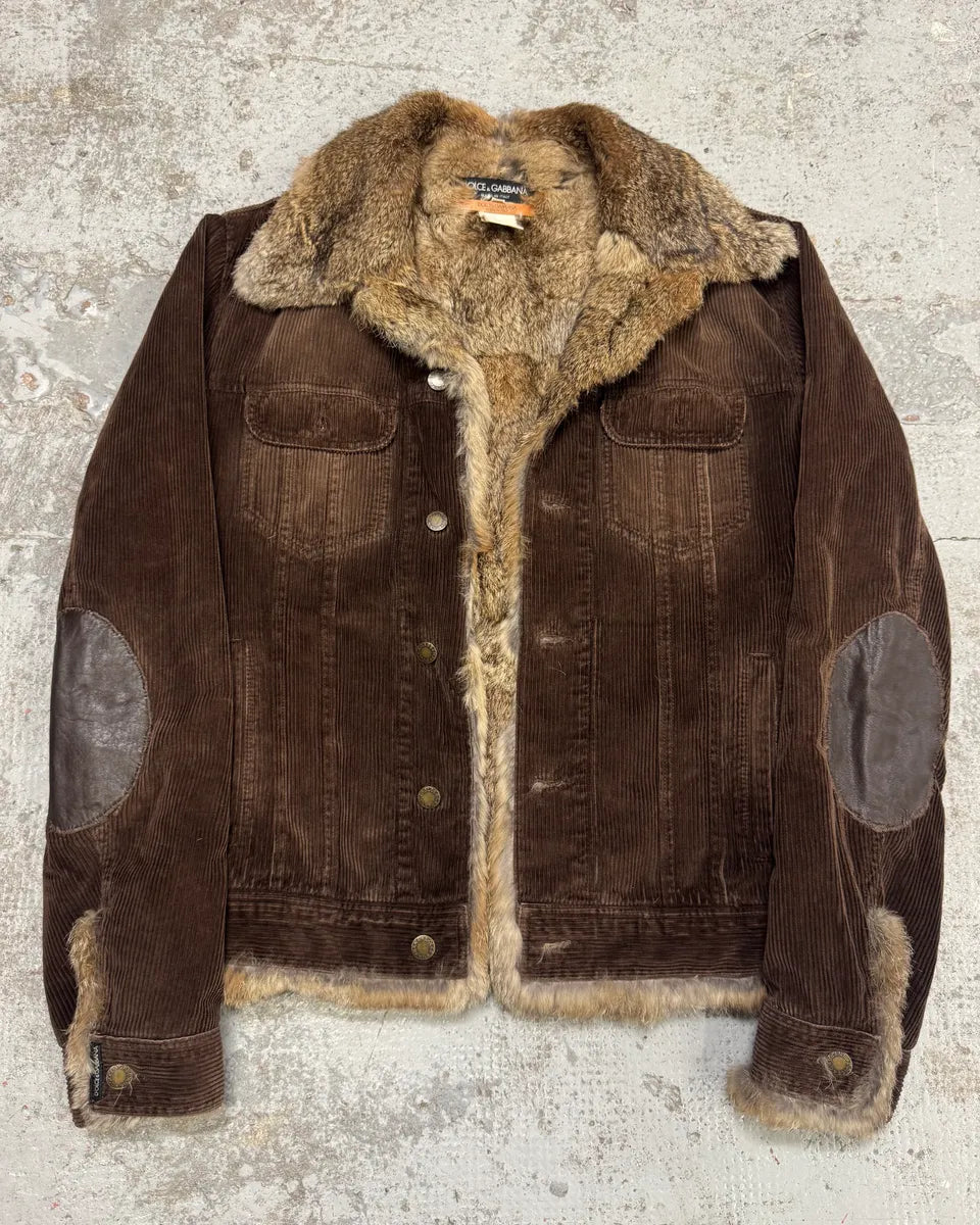 2000s Dolce & Gabbana Rabbit Fur Corduroy Brown Jacket NZWAbBq 0