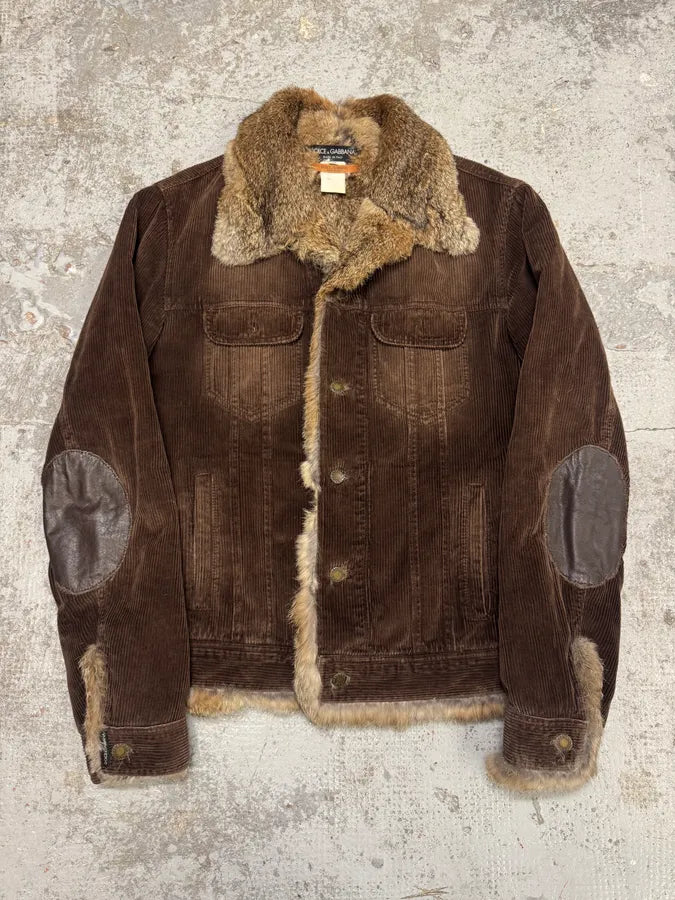2000s Dolce & Gabbana Rabbit Fur Corduroy Brown Jacket NZWAbBq 4