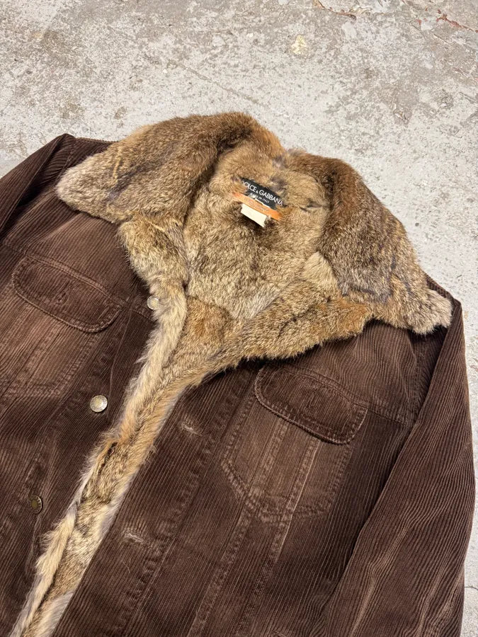 2000s Dolce & Gabbana Rabbit Fur Corduroy Brown Jacket NZWAbBq 5