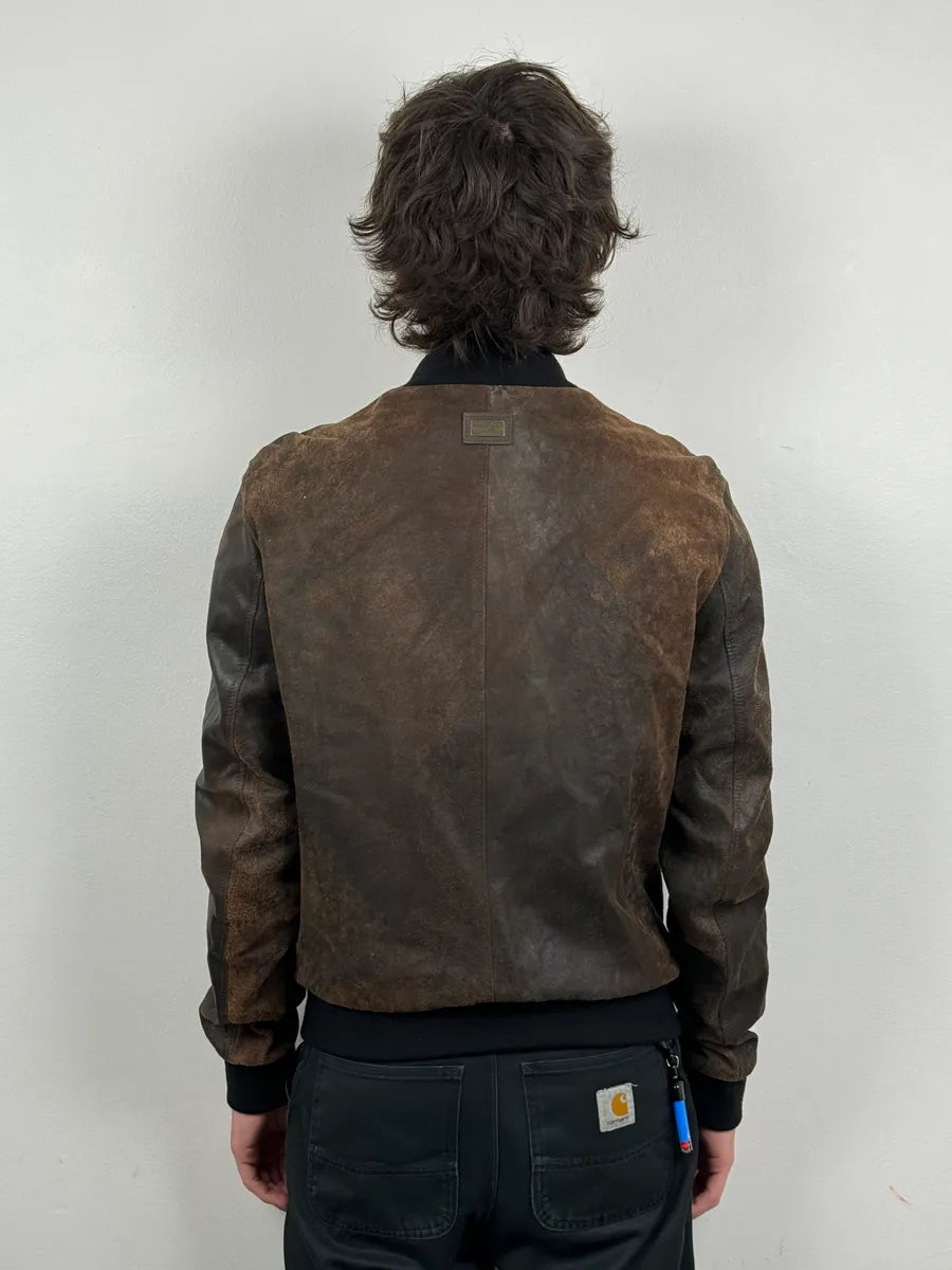 2000s Dolce & Gabbana Raw Brown Leather Bomber Jacket YYhkMbJ 2