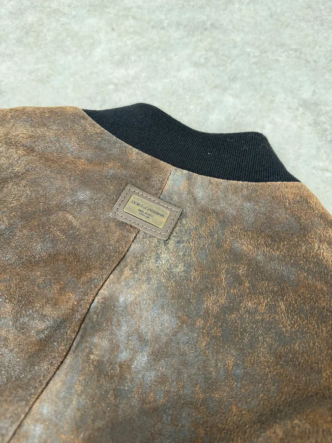 2000s Dolce & Gabbana Raw Brown Leather Bomber Jacket YYhkMbJ 7